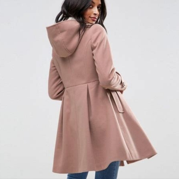 ASOS Camel Duffle swing fit pea coat w hood pockets - Picture 4 of 6